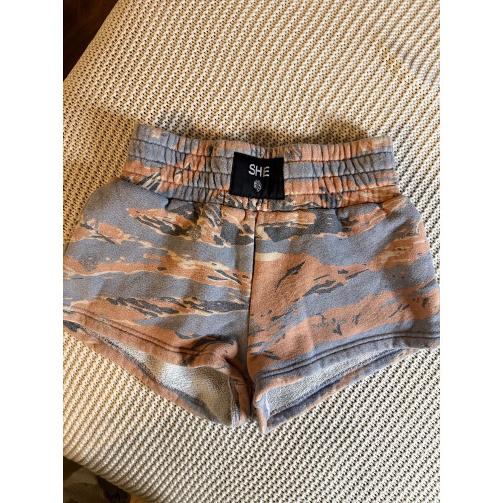 Darc Sport SHE Womens Camo French Terry Shorts Blue Orange Tiger Stripe Small